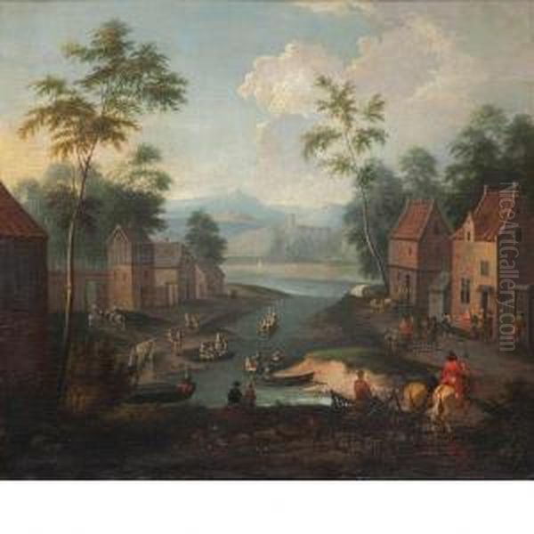 Landscape Withfigures In A Village Beside A River Oil Painting by Jan Frans I Van Bredael