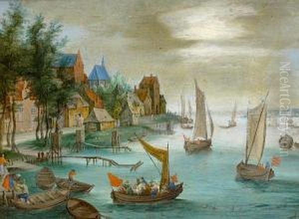 Figures Disembarking Boats Before A River Landscape Oil Painting by Jan Frans I Van Bredael