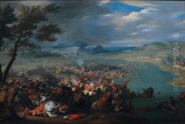 Bataille Au Bord Du Danube Entre L'armee Turque De Kara Mustapha Et Celle De Jean Sobieski Oil Painting by Jan Pieter Van Bredael I