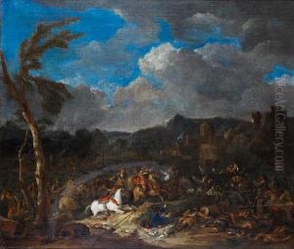 A Cavalry Skirmish Oil Painting by Jan Pieter Van Bredael I