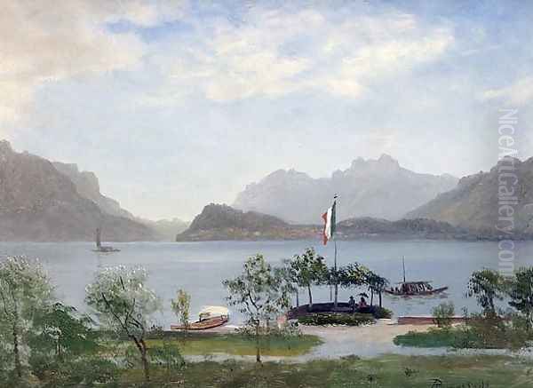 Lakeshore In Northern Italy, c 1855 Oil Painting by Albert Bierstadt