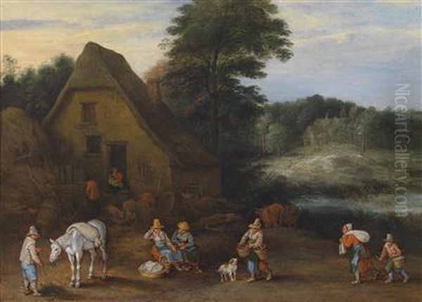 Landscape With Peasants Preparing For Market Oil Painting by Joseph van Bredael