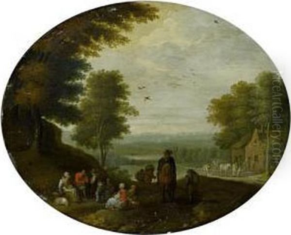 Figures On Their Way To Market Resting On A Country Path, A Wooded Landscape Beyond Oil Painting by Joseph van Bredael