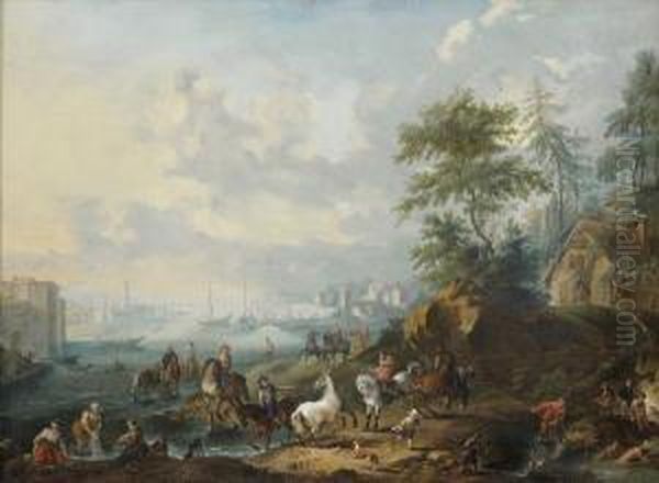 Paysage De Riviere Avec Une Scene De Dressage De Chevaux Oil Painting by Joseph van Bredael