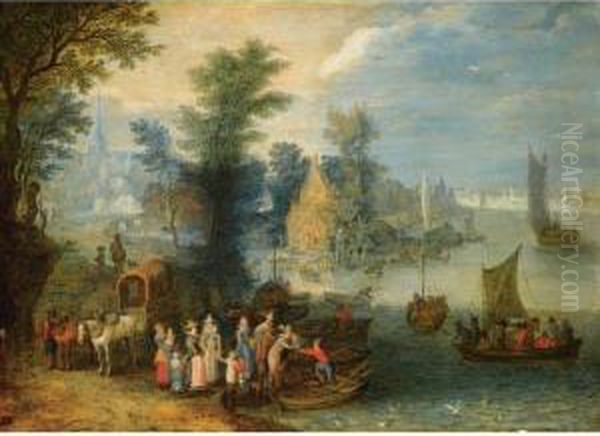 An Extensive River Landscape With Boats By A Village And Travellerson The River Bank Oil Painting by Joseph van Bredael