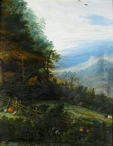 A Mountainous Landscape With A Figure Reading Before A Cottage Oil Painting by Joseph van Bredael