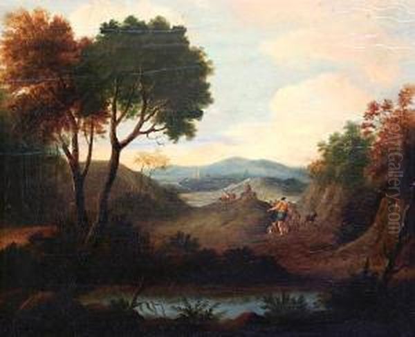 Shepherd And Flock In A Landscape, Circa 1800 Oil Painting by Joseph van Bredael