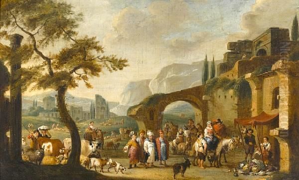 A Market Scene Before Ruins Of A Town Oil Painting by Pieter Van Bredael