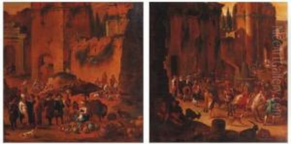 Scenes De Marche Au Pied De Ruines Antiques Oil Painting by Pieter Van Bredael