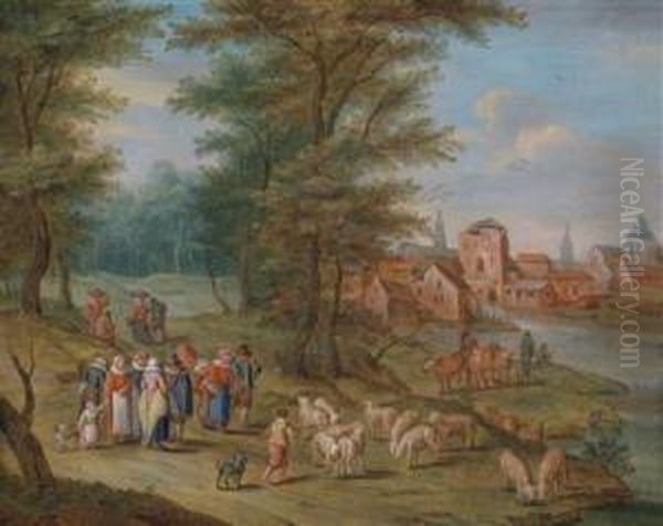 An Elegant Group On A Path Along The Banks Of A River Oil Painting by Pieter Van Bredael