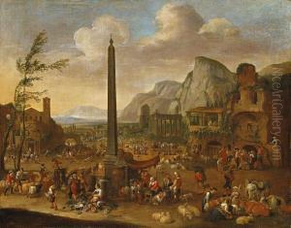 Bauernmarkt Unter Einemobelisk Oil Painting by Pieter Van Bredael