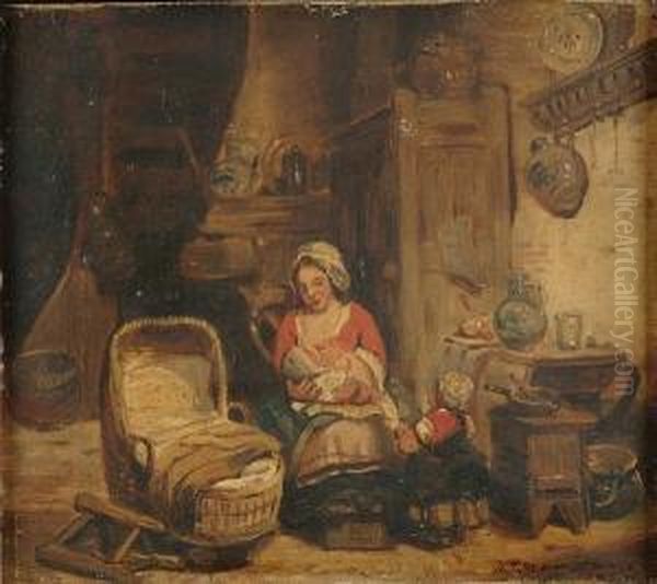 Interior Scene, With A Mother Suckling A Child Oil Painting by Jos Van Bree