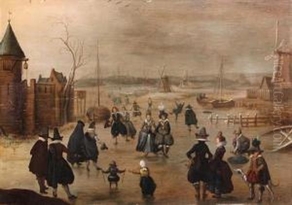 Elegant Skaters On A Frozen River By Afortified Castle, At Dusk Oil Painting by Adam van Breen