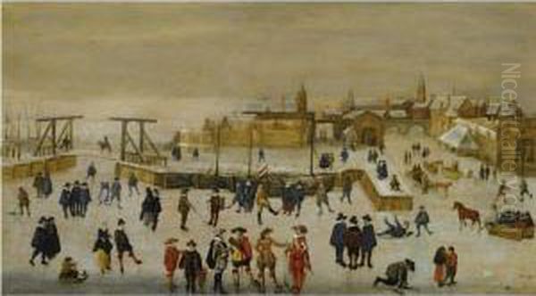 Winter Landscape With Elegant Figures Skating And Conversing On Theice Outside The Walls Of A Dutch Town Oil Painting by Adam van Breen