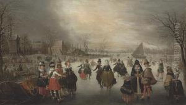 A Winter Landscape With Elegant Skaters On A Frozen Lake Oil Painting by Adam van Breen