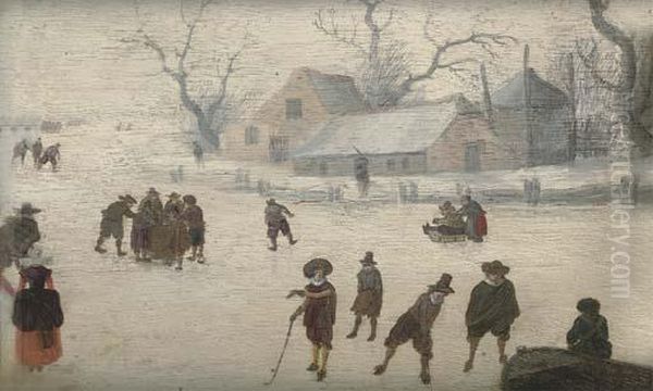 A Winter Landscape With Figures Skating And Playing Kolf On A Frozen River Oil Painting by Adam van Breen