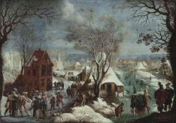 A Winter Landscape With Elegant Figures In Carnival Costume Oil Painting by Adam van Breen