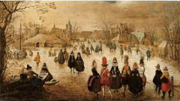 Winter Landscape With Skaters On A Frozen River Oil Painting by Adam van Breen