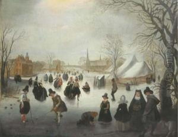 A Winter Landscape With Elegant Figures Skating And Playing Kolf On A Frozen River, A Town Beyond Oil Painting by Adam van Breen