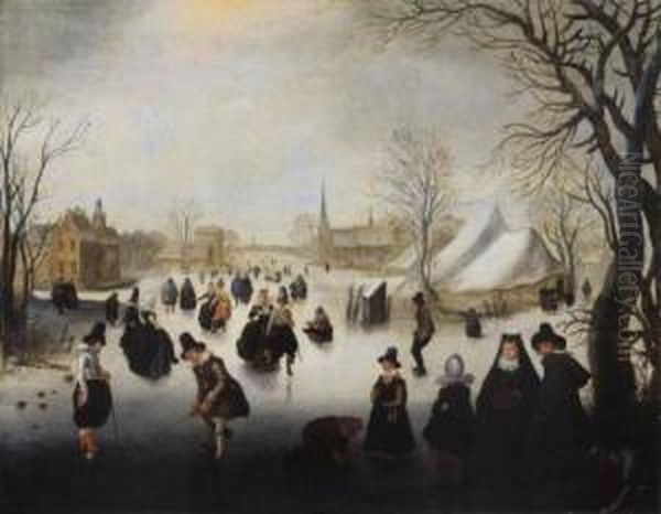 Hollandische Winterlandschaft Mit Eislaufern Und Kolfspielern Oil Painting by Adam van Breen