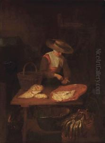 A Female Fishmonger At Her Stall Oil Painting by Quiringh Gerritsz. van Brekelenkam