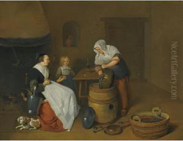 A Woman Talking With Her Maid In A Kitchen Interior With A Child, A Dog And A Fire Oil Painting by Quiringh Gerritsz. van Brekelenkam