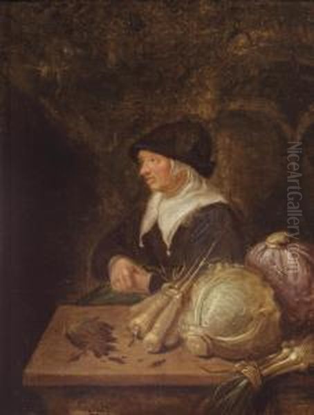 A Vegetable Seller Signed With Initials 'q.b.' Oil Painting by Quiringh Gerritsz. van Brekelenkam