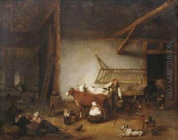 Peasant Idyll In A Barn. Oil Painting by Quiringh Gerritsz. van Brekelenkam