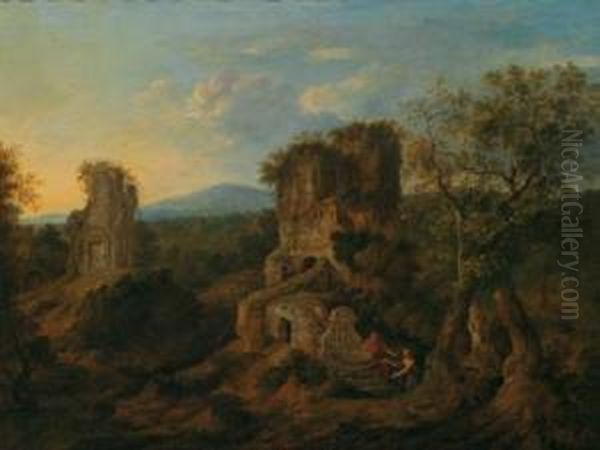 Viandanti In Sosta In Un Paesaggio Con Rovine Oil Painting by Jan Gerritsz van Bronchorst