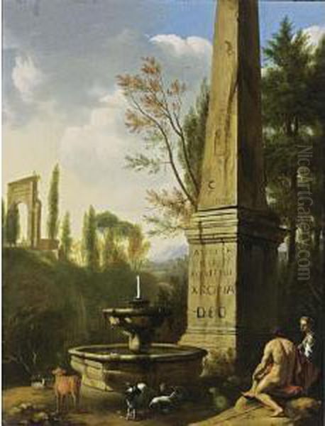 A Classical Landscape With Shepherds Resting With Their Flock By A Fountain Near A Roman Obelisk Oil Painting by Jan Gerritsz van Bronchorst