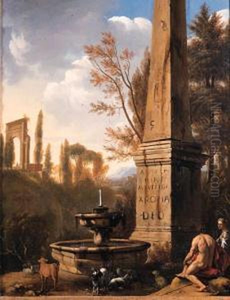 Shepherds Resting By A Fountain And An Obelisk In An Arcadianlandscape Oil Painting by Jan Gerritsz van Bronchorst