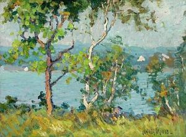 A Lake Viewed Through Trees; Sheep On Ahillside (2) Oil Painting by Matilda Wyck Van Browne