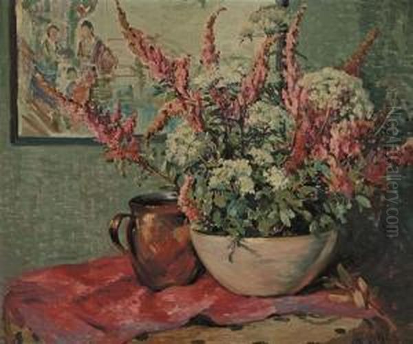 Flowers And Copper Pot On A Tabletop Oil Painting by Matilda Wyck Van Browne