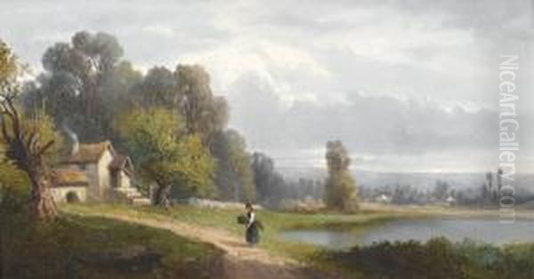 Landschaftspartie Mit Gehoft An See. Oil Painting by Henry Van Brunt