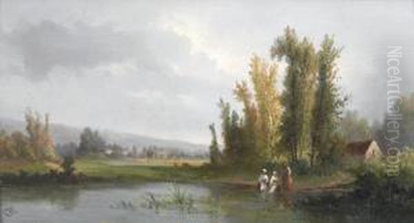 Wascherinnen An Teich In Ebener Landschaft. Oil Painting by Henry Van Brunt