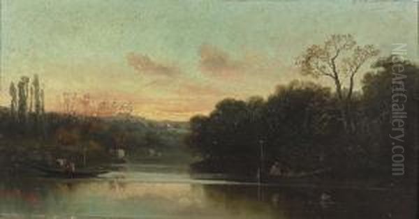 Flusslandschaft In Der Abenddammerung. Oil Painting by Henry Van Brunt