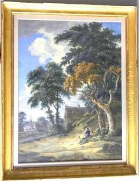 Landscape Of A Man With A Dog On A Hill Overlooking Avillage Oil Painting by Hermanus Van Brussel