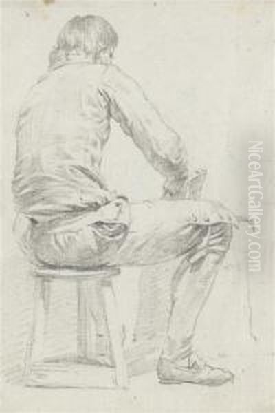 A Man Sitting On A Stool, Seen From Behind Oil Painting by Hermanus Van Brussel