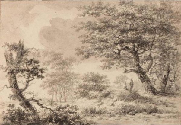 A Wooded Landscape With Figures Resting Under A Tree Oil Painting by Hermanus Van Brussel