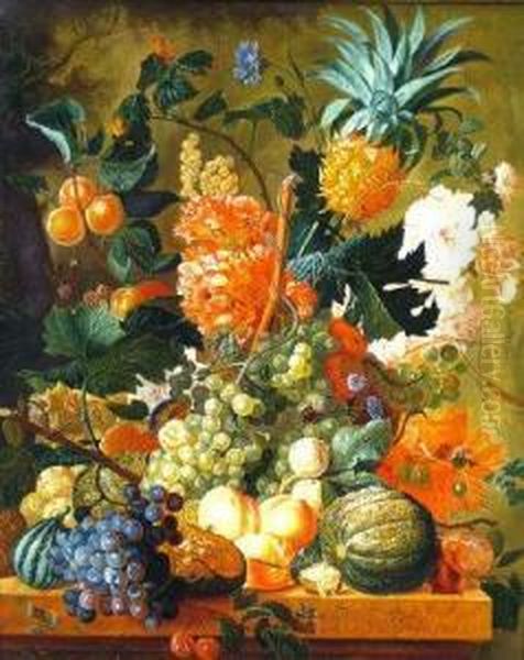 Still Life With Grapes, Flowers And Other Fruit Oil Painting by Paul-Theodor Van Brussel