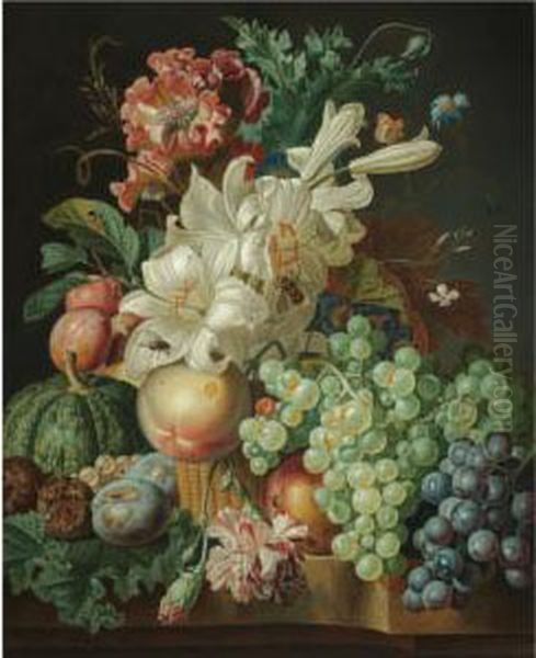 Still Life With Lilies, Carnations And A Poppy In A Wicker Basket,with Grapes, Medlars, Plums, Gooseberries And A Melon On The Marbleledge Beneath Oil Painting by Paul-Theodor Van Brussel