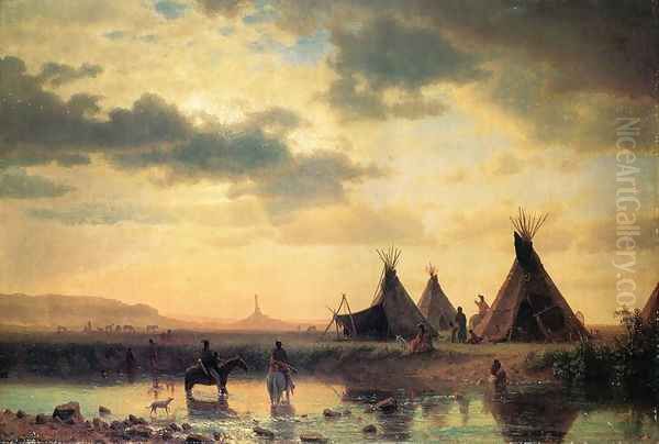 View of Chimney Rock, Ogalillalh Sioux Village in Foreground Oil Painting by Albert Bierstadt