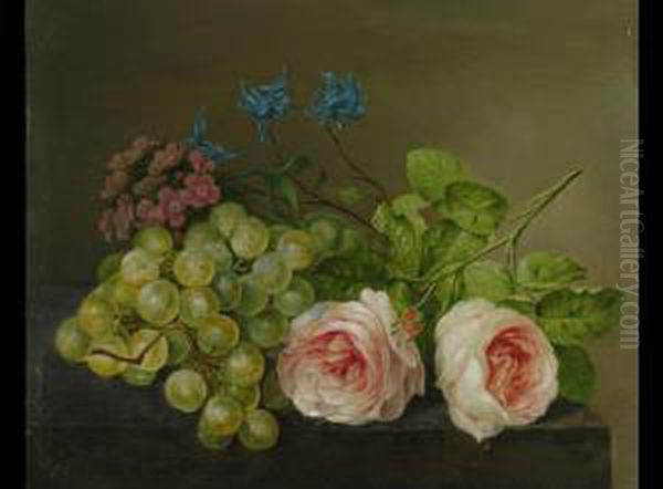 Stillleben Mit Rosen,
 Blumen Und Weintrauben Oil Painting by Paul-Theodor Van Brussel