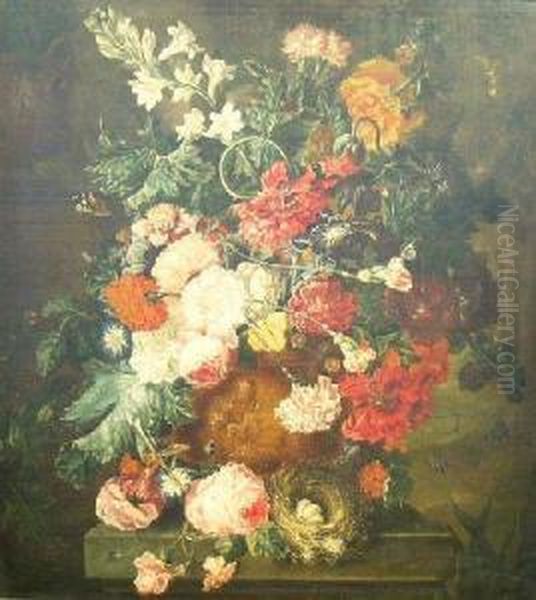 A Still Life Of Summer Flowers, Roses, Carnations, Tulips Andpeonies In A Terra Cotta Figural Urn On A Stone Ledge With A Nestof Eggs And With Butterflies Oil Painting by Paul-Theodor Van Brussel