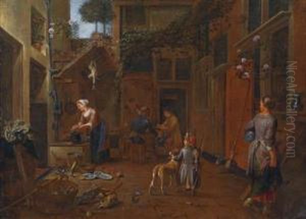 A Crowded Courtyard Oil Painting by Jan Van Buken