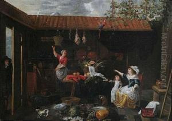 Courtyard Scene With Provisions, 
Maidservant And Mistress Oil Painting by Jan Van Buken