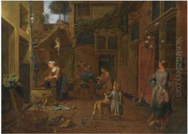 A Courtyard Scene With A Maid Washing Plates, Another Maid Carryingpots, A Young Boy With A Dog, Other Figures In The Background Oil Painting by Jan Van Buken