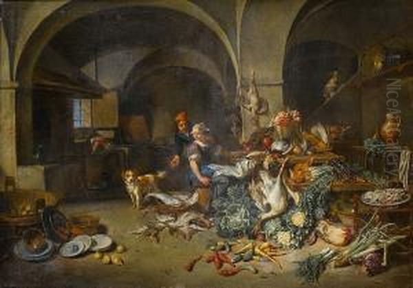 A Couple In A Kitchen Interior With Game,fish, Vegetables, Pottery And A Dog In The Foreground, A Housemaidworking In The Background Oil Painting by Jan Van Buken