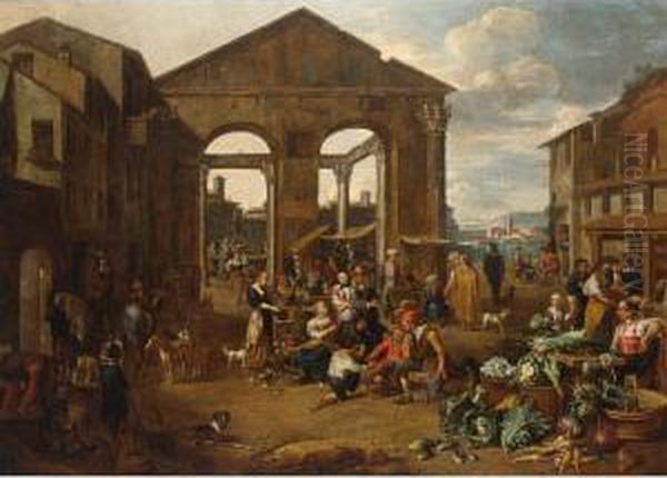 An Italianate Market Scene With Remnants Of A Roman Temple With A Harbour Beyond Oil Painting by Jan Van Buken