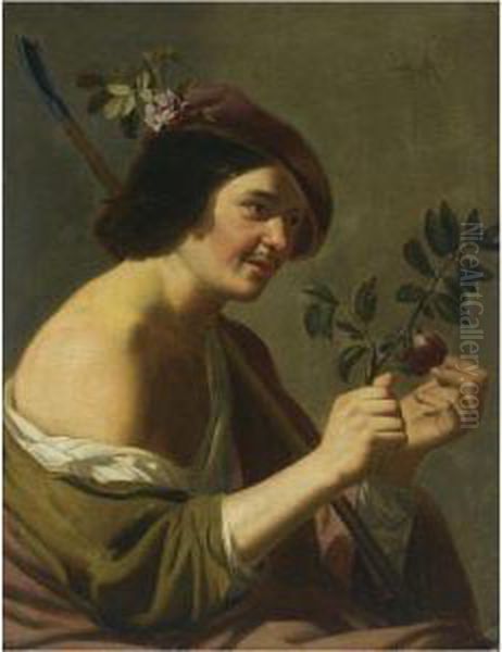 A Shepherd Wearing A Baret, Holding A Staff And A Plumbranch Oil Painting by Jan Van Bijlert